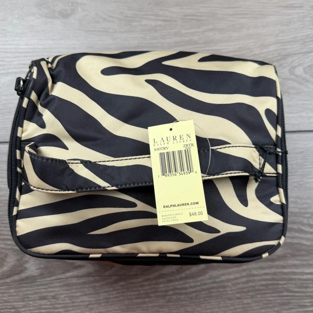 Lauren Ralph Lauren Womens Cosmetic Bag Zebra Animal Print Tan Black NWT